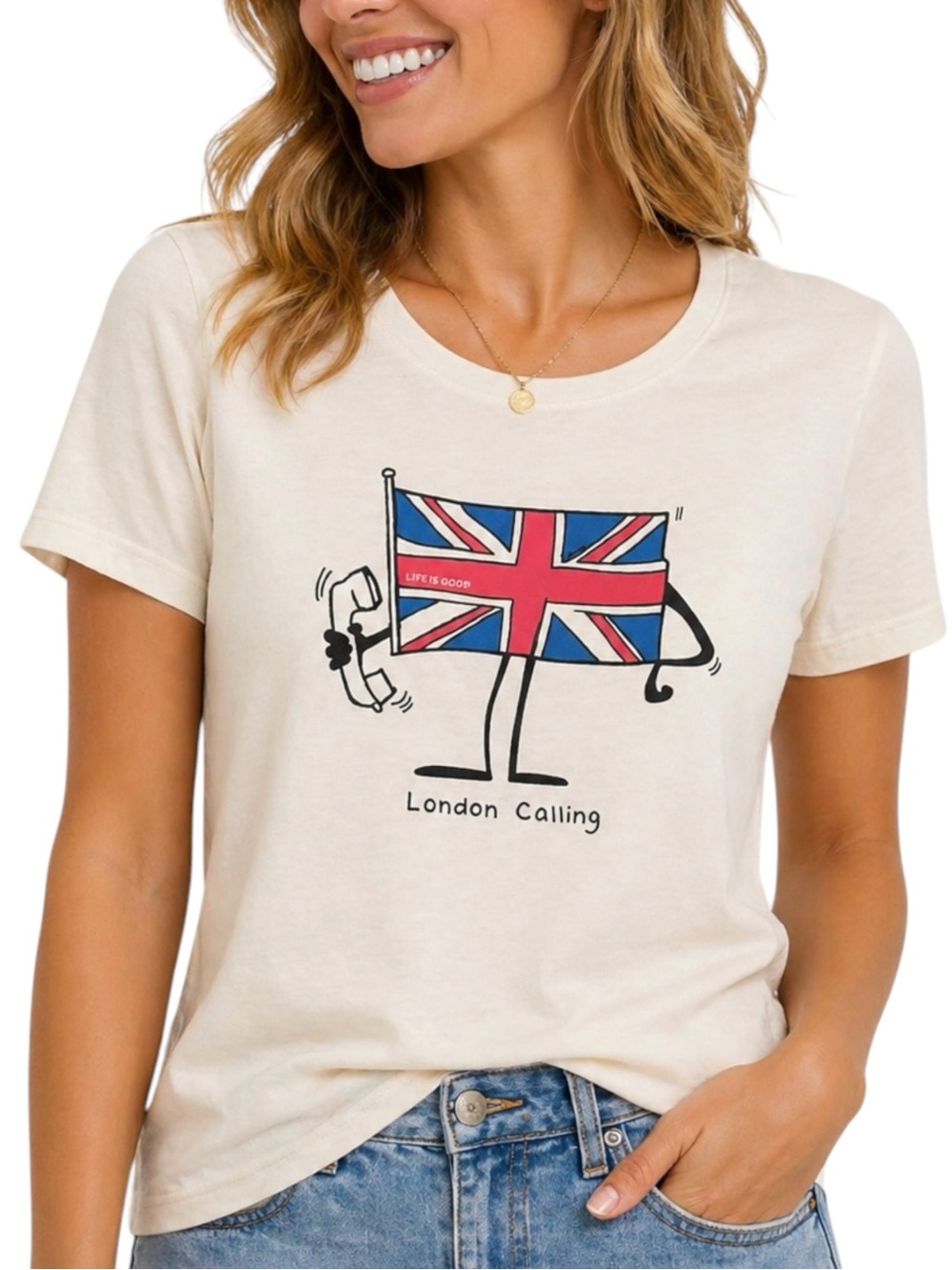 Life Is Good London Calling Union Jack Crusher Tee XL NWT Cream Graphic